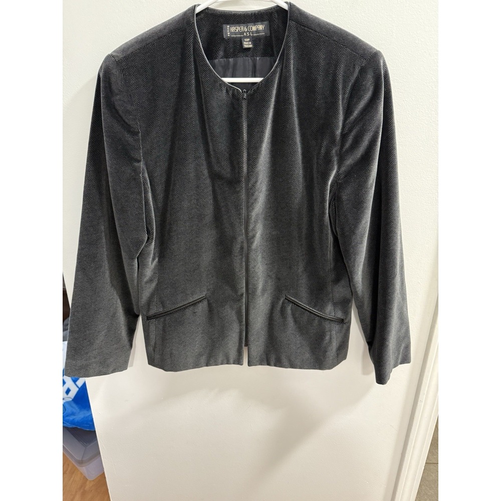 Kasper & Company ASL Petite 12P Grey Herringbone Velvet Full Zip Blazer Jacket